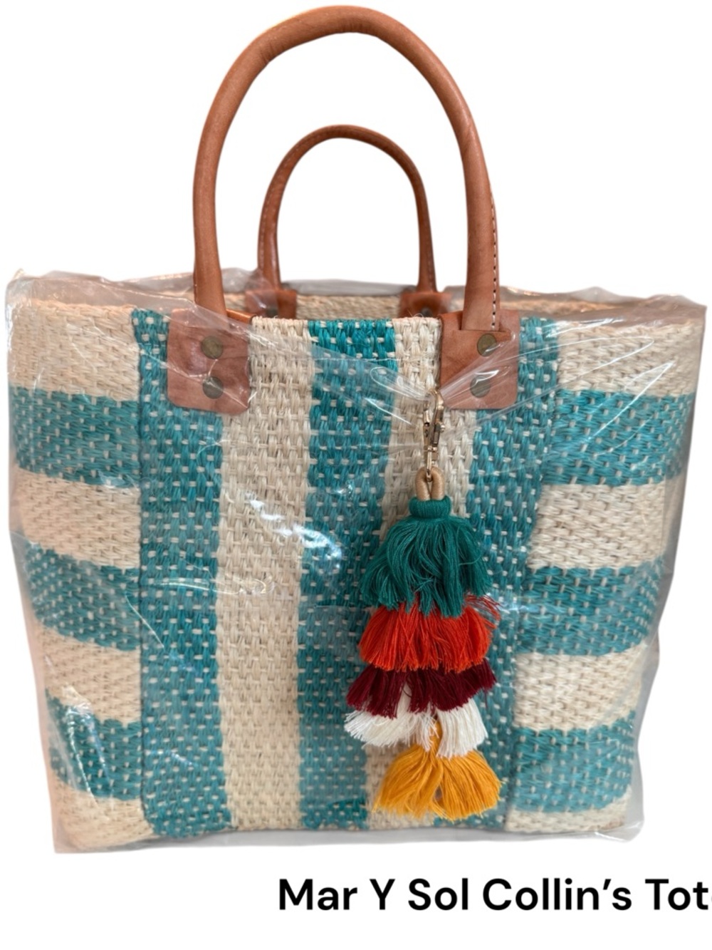 Mar Y Sol Tote Bag Womens Medium Teal Natural Striped With Charm